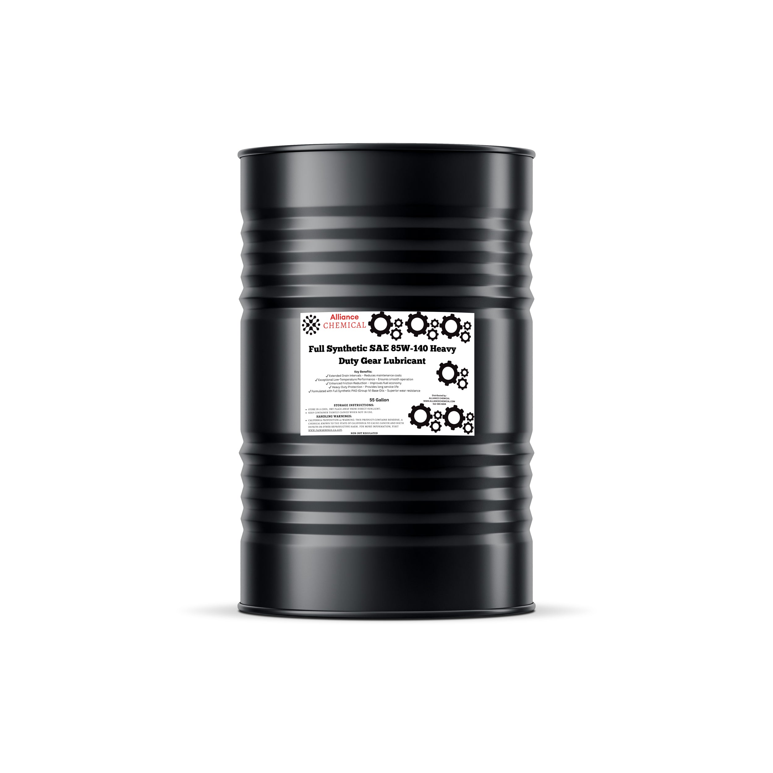 Alliance Chemical full synthetic SAE 85W-140 heavy duty gear lubricant in black 55-gallon steel drum